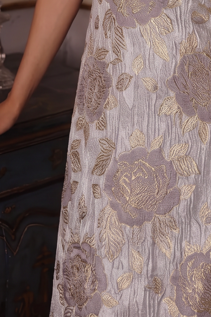 Regency Era Gray Purple Empire Waist Dress with Square Neckline, Puff Sleeves and Gold Floral Pattern Plus Size