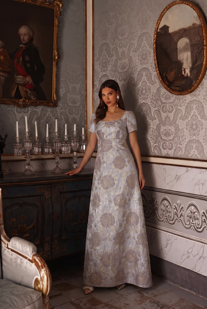 Regency Era Gray Purple Empire Waist Dress with Square Neckline, Puff Sleeves and Gold Floral Pattern Plus Size
