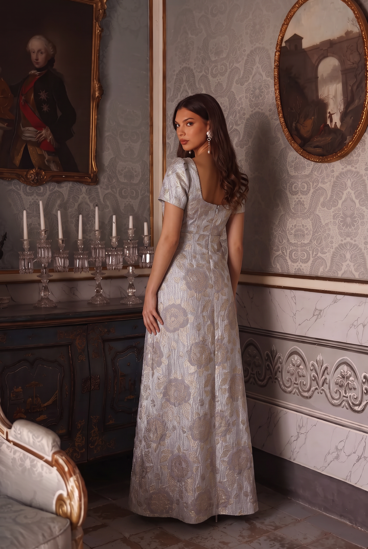 Regency Era Gray Purple Empire Waist Dress with Square Neckline, Puff Sleeves and Gold Floral Pattern Plus Size