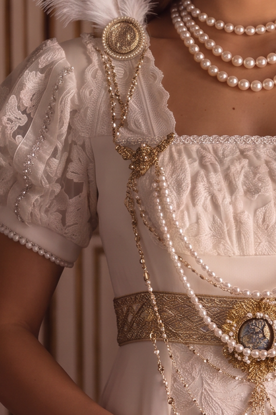 Regency Era Ivory Empire Waist Dress with Puff Sleeves and Gold Shawl Plus Size
