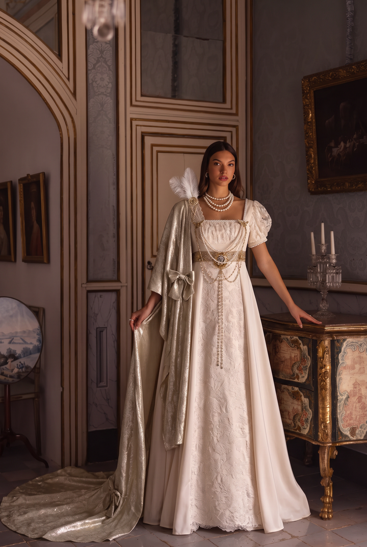 Regency Era Ivory Empire Waist Dress with Puff Sleeves and Gold Shawl Plus Size