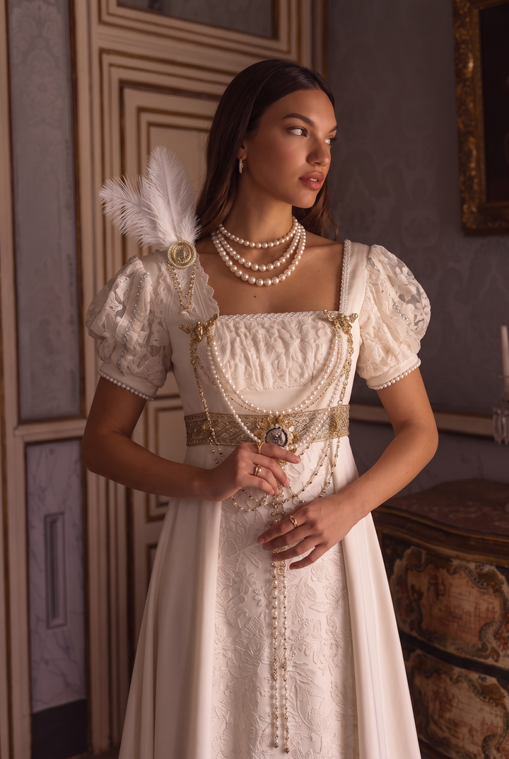 Regency Era Ivory Empire Waist Dress with Puff Sleeves and Gold Shawl Plus Size
