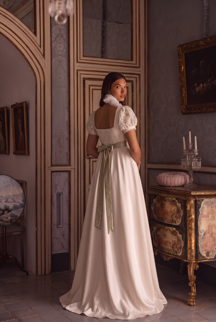 Regency Era Ivory Empire Waist Dress with Puff Sleeves and Gold Shawl Plus Size