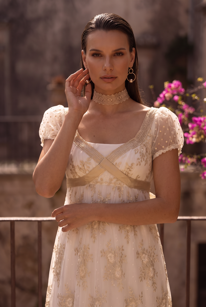 Regency Era Ivory White & Champagne Gold Lace Dress with Empire Waist, Puff Sleeves and Square Neckline Plus Size