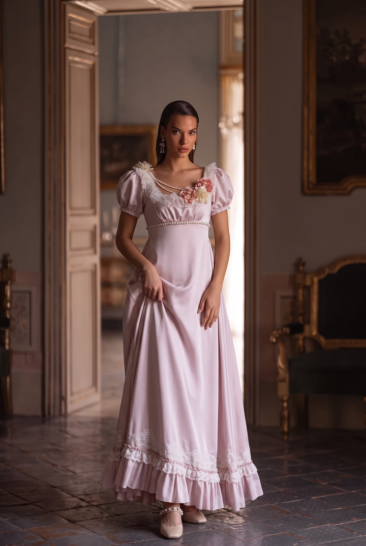 Regency Era Lavender Empire Waist Dress with Lace Trim, Pearl Details and Puff Sleeves Plus Size