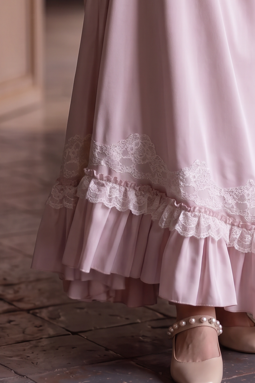 Regency Era Lavender Empire Waist Dress with Lace Trim, Pearl Details and Puff Sleeves Plus Size