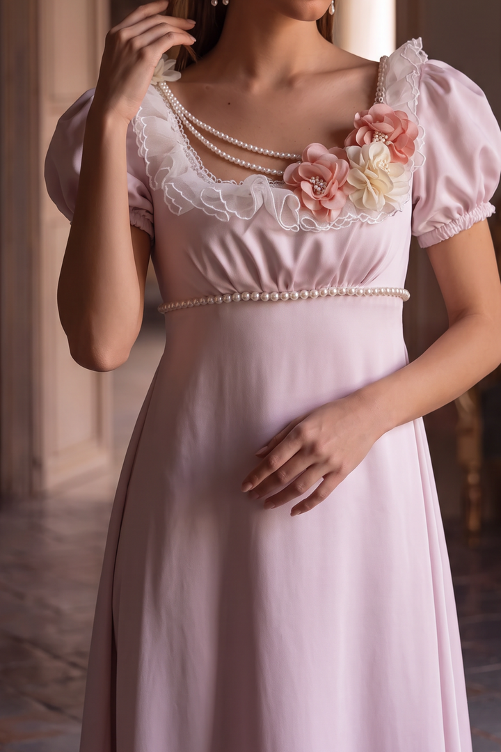 Regency Era Lavender Empire Waist Dress with Lace Trim, Pearl Details and Puff Sleeves Plus Size