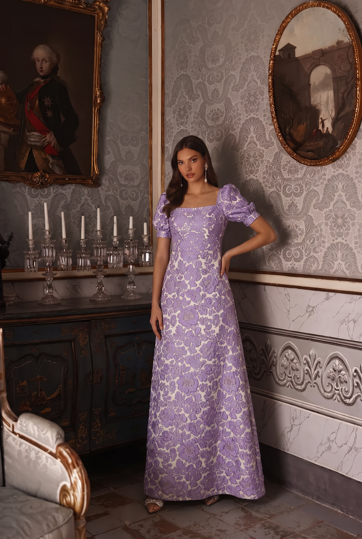 Regency Era Purple Gold Floral Jacquard Dress with Square Neckline, Puff Sleeves and Empire Waist Plus Size