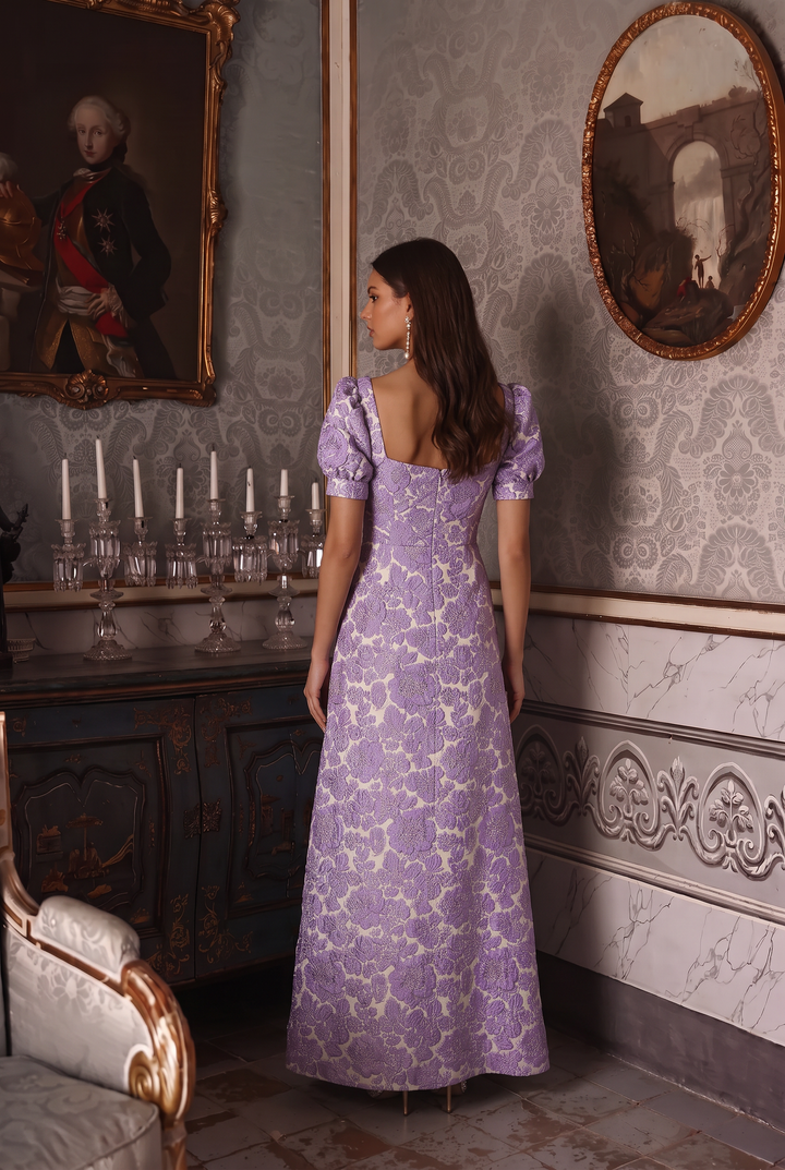 Regency Era Purple Gold Floral Jacquard Dress with Square Neckline, Puff Sleeves and Empire Waist Plus Size