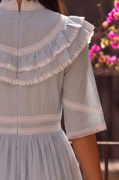Regency Era Light Blue Empire Waist Dress with High Neck Lace Ruffle Collar and 3/4 Sleeves Plus Siz
