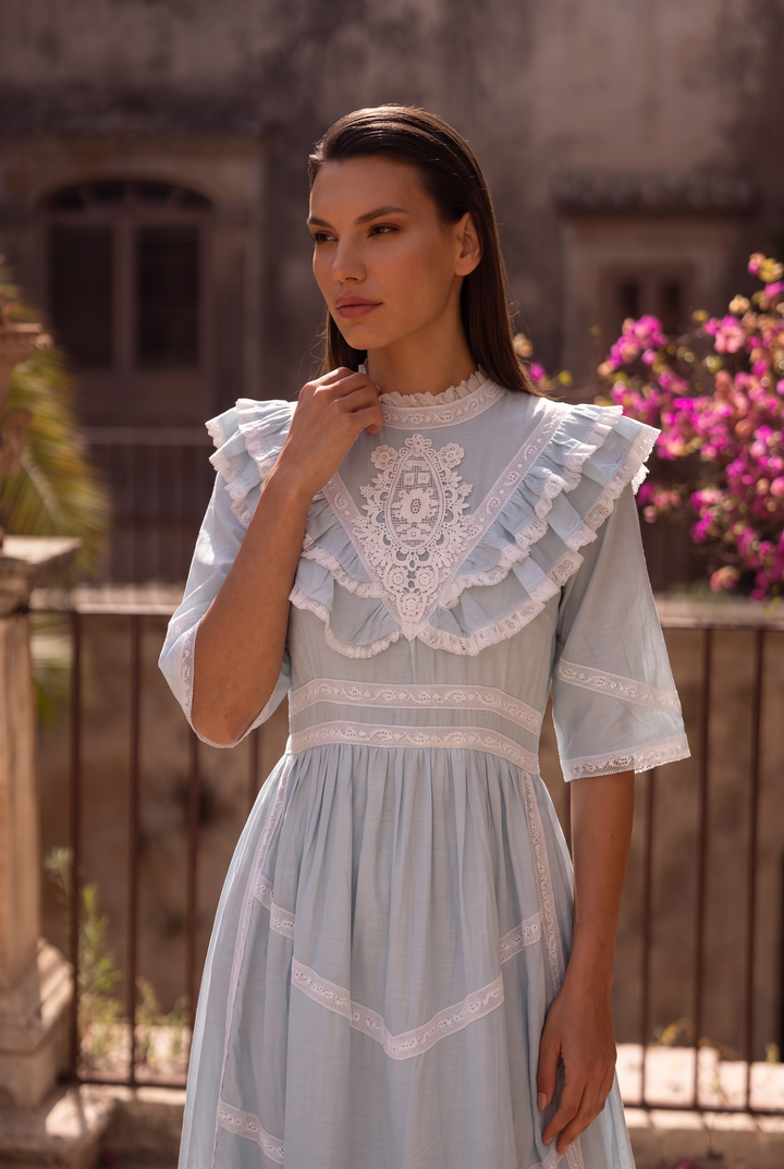 Regency Era Light Blue Empire Waist Dress with High Neck Lace Ruffle Collar and 3/4 Sleeves Plus Siz