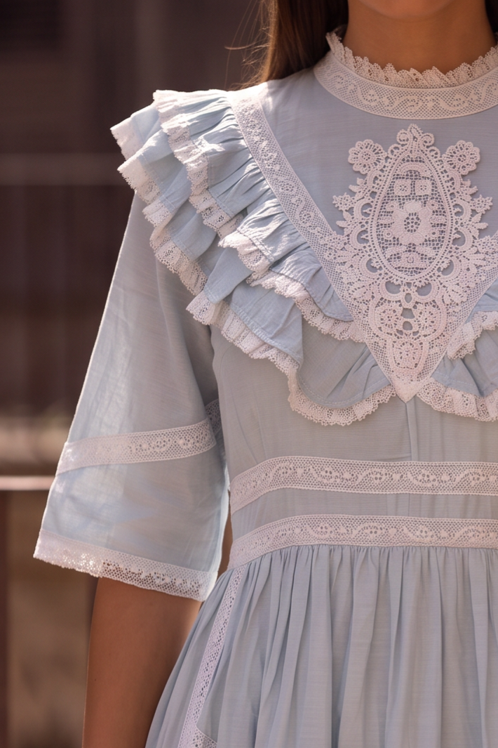Regency Era Light Blue Empire Waist Dress with High Neck Lace Ruffle Collar and 3/4 Sleeves Plus Siz