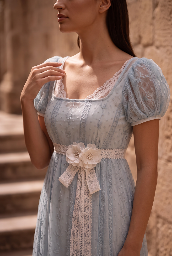Regency Era Light Blue Empire Waist Gown with Lace Bow Detail – Bridgerton Inspired Vintage Dress Plus Size