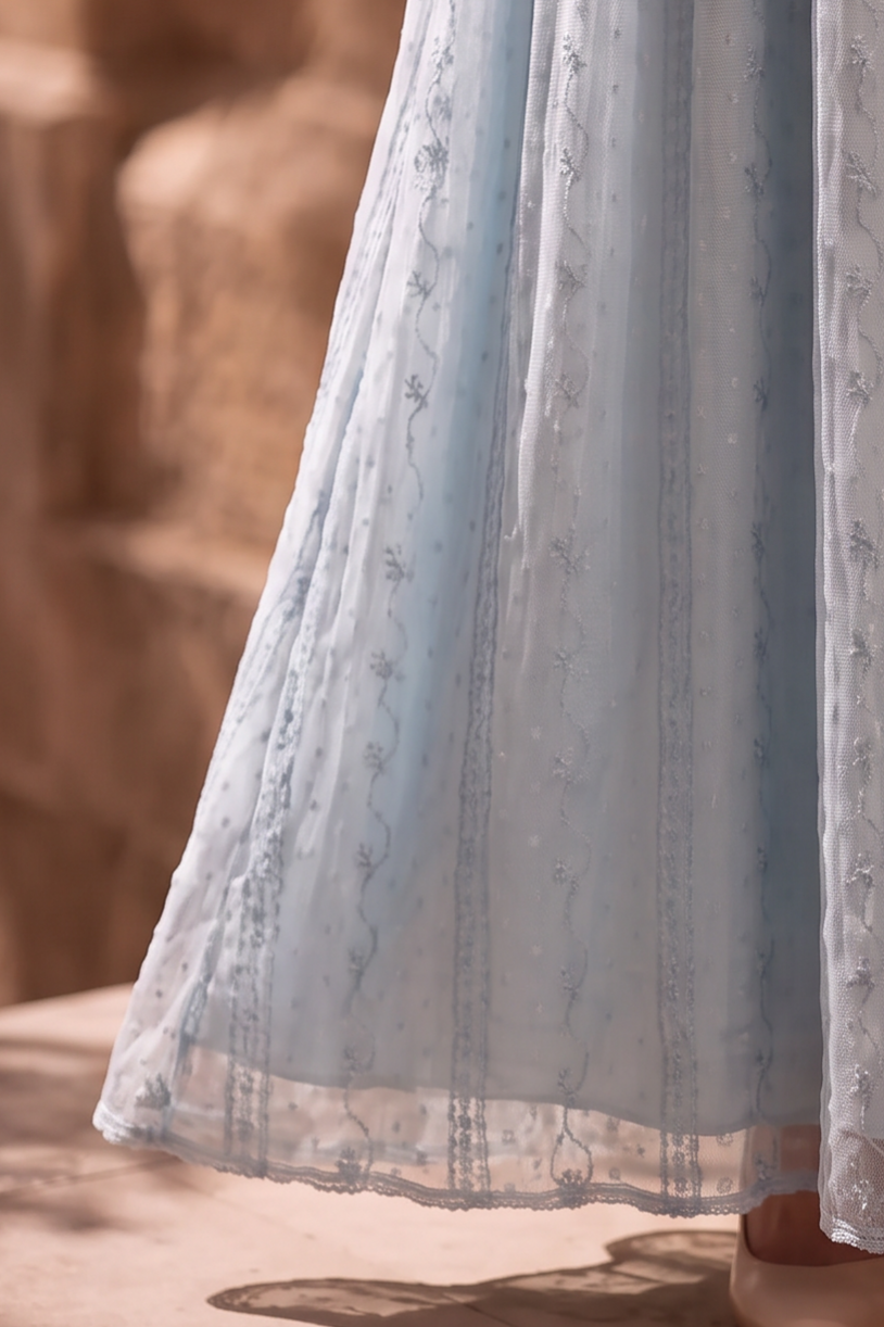 Regency Era Light Blue Empire Waist Gown with Lace Bow Detail – Bridgerton Inspired Vintage Dress Plus Size