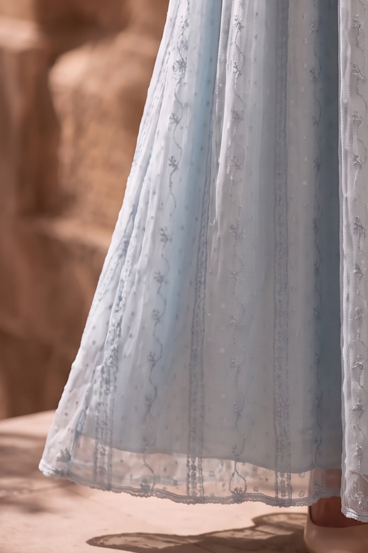 Regency Era Light Blue Empire Waist Gown with Lace Bow Detail – Bridgerton Inspired Vintage Dress Plus Size