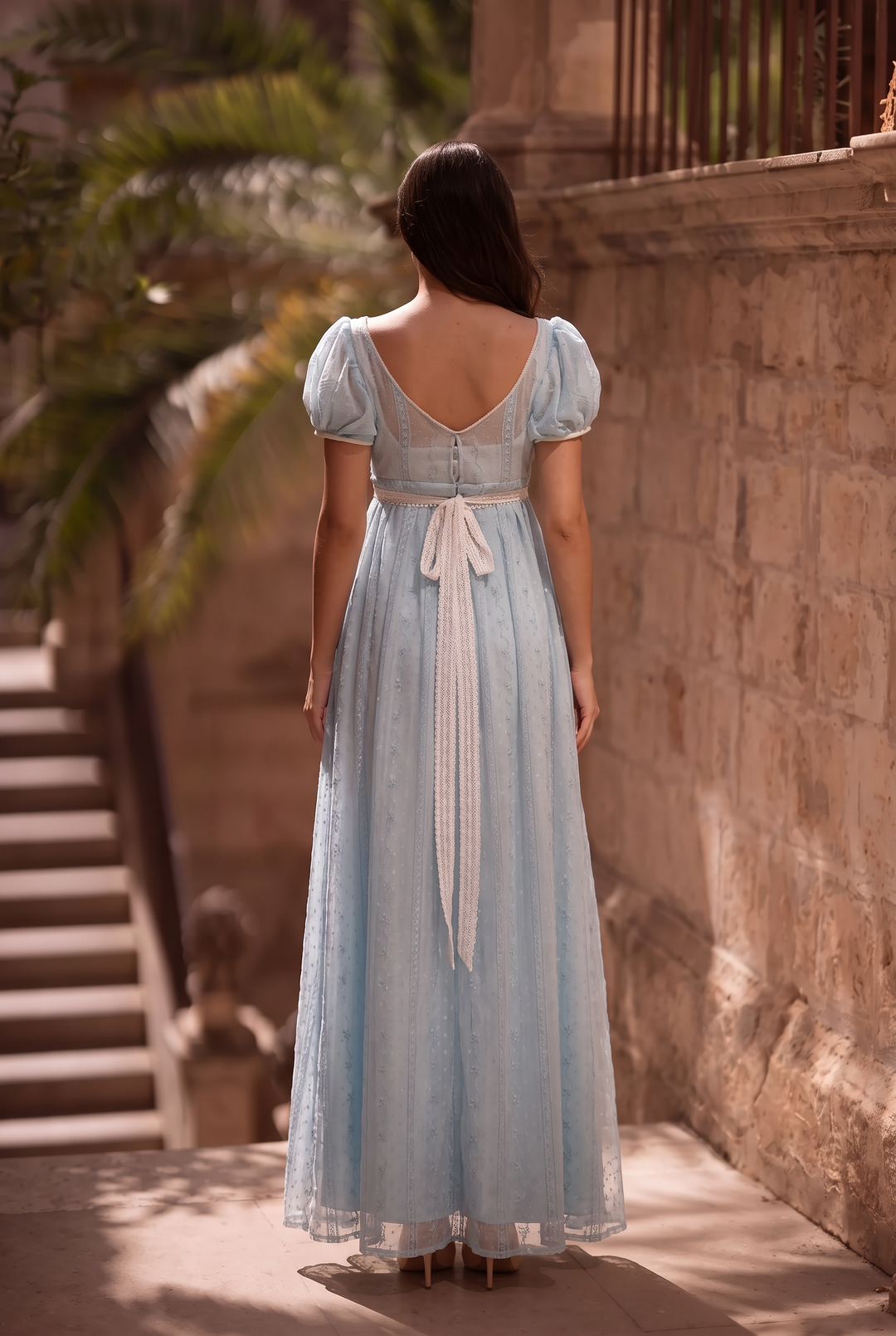 Regency Era Light Blue Empire Waist Gown with Lace Bow Detail – Bridgerton Inspired Vintage Dress Plus Size