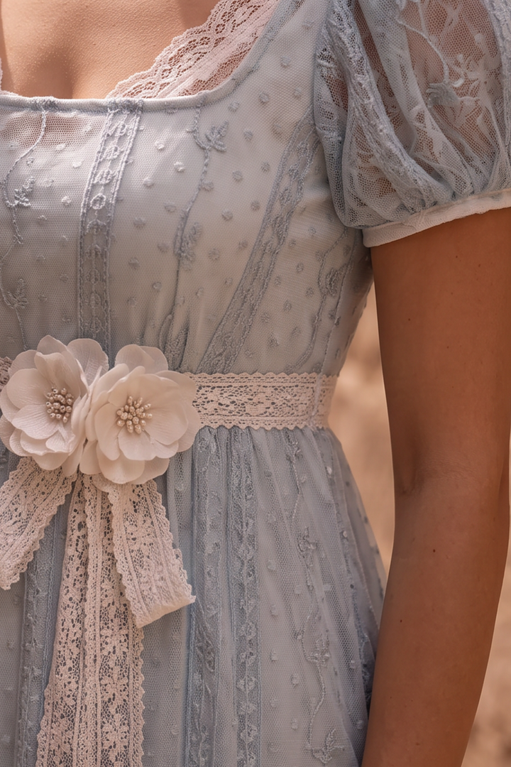Regency Era Light Blue Empire Waist Gown with Lace Bow Detail – Bridgerton Inspired Vintage Dress Plus Size