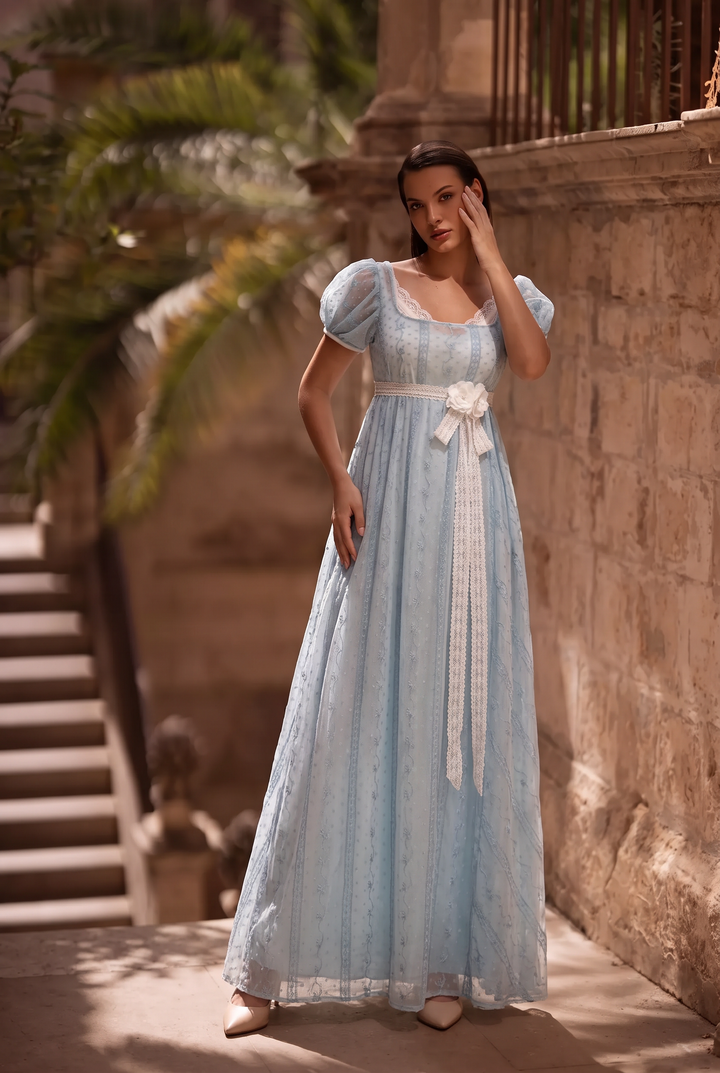 Regency Era Light Blue Empire Waist Gown with Lace Bow Detail – Bridgerton Inspired Vintage Dress Plus Size