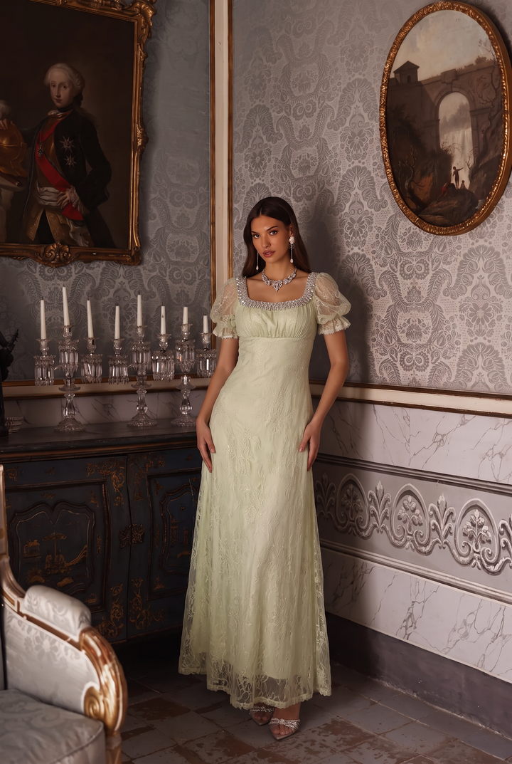 Regency Era Pale Green Lace Empire Waist Gown with Embellished Neckline and Draped Train – Bridgerton Inspired Vintage Dress Plus Size