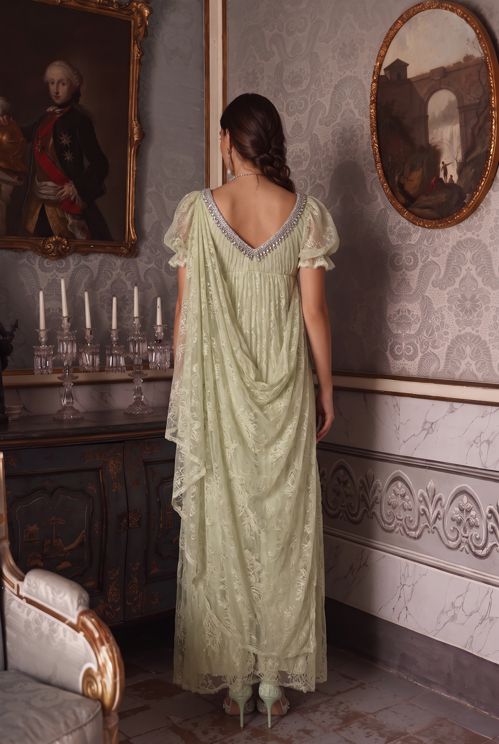 Regency Era Pale Green Lace Empire Waist Gown with Embellished Neckline and Draped Train – Bridgerton Inspired Vintage Dress Plus Size