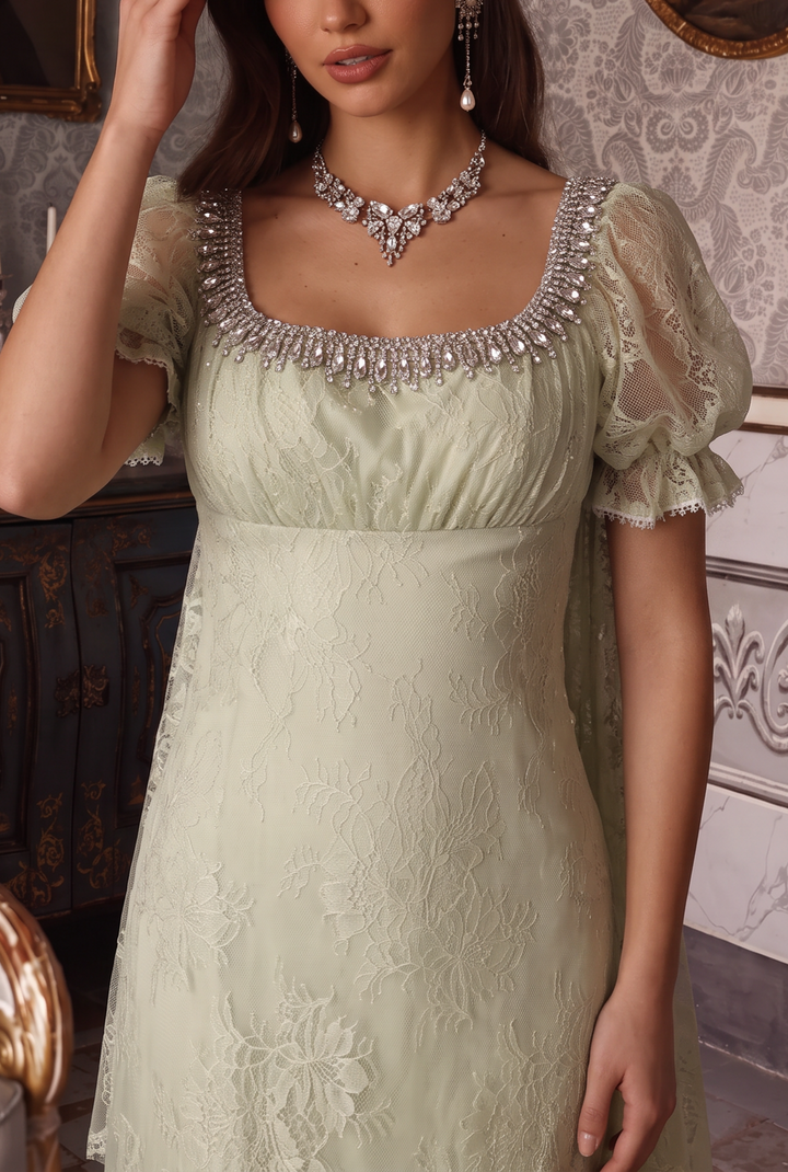 Regency Era Pale Green Lace Empire Waist Gown with Embellished Neckline and Draped Train – Bridgerton Inspired Vintage Dress Plus Size