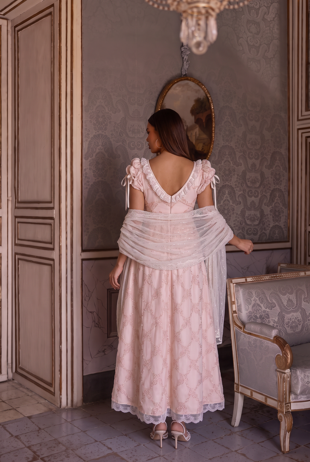 Regency Era Pink Empire Waist Dress with Lace Trim and Ribbon Details – Bridgerton Inspired Vintage Gown Plus Size