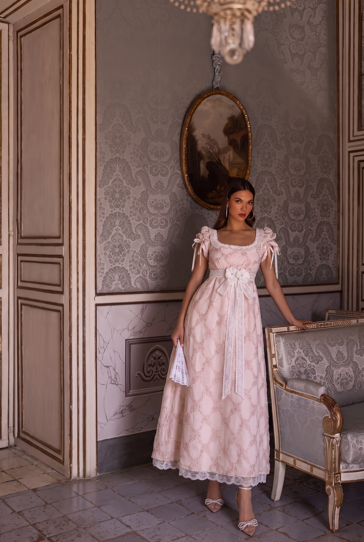 Regency Era Pink Empire Waist Dress with Lace Trim and Ribbon Details – Bridgerton Inspired Vintage Gown Plus Size