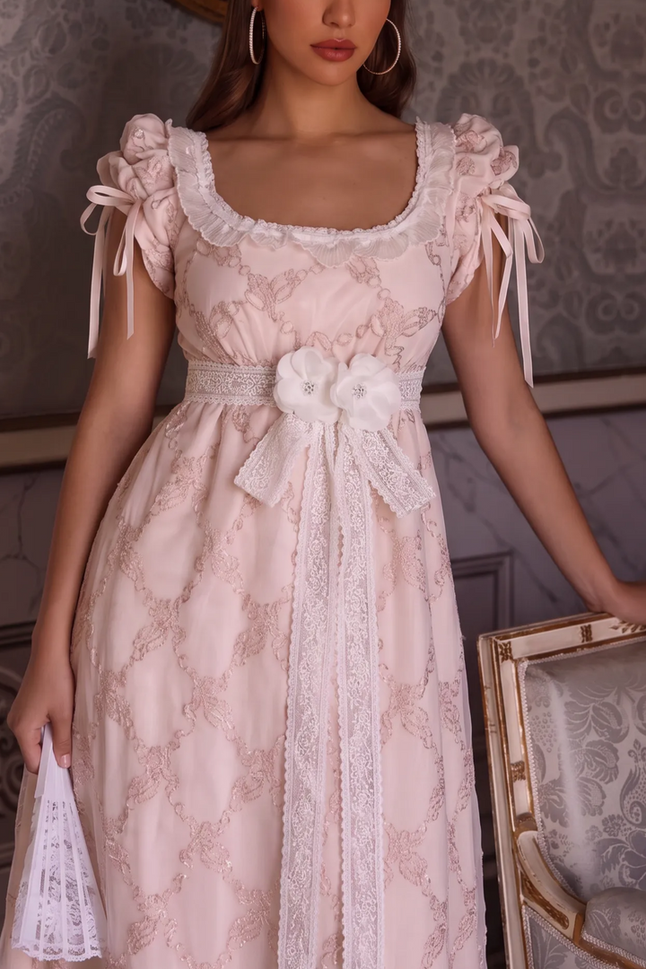 Regency Era Pink Empire Waist Dress with Lace Trim and Ribbon Details – Bridgerton Inspired Vintage Gown Plus Size
