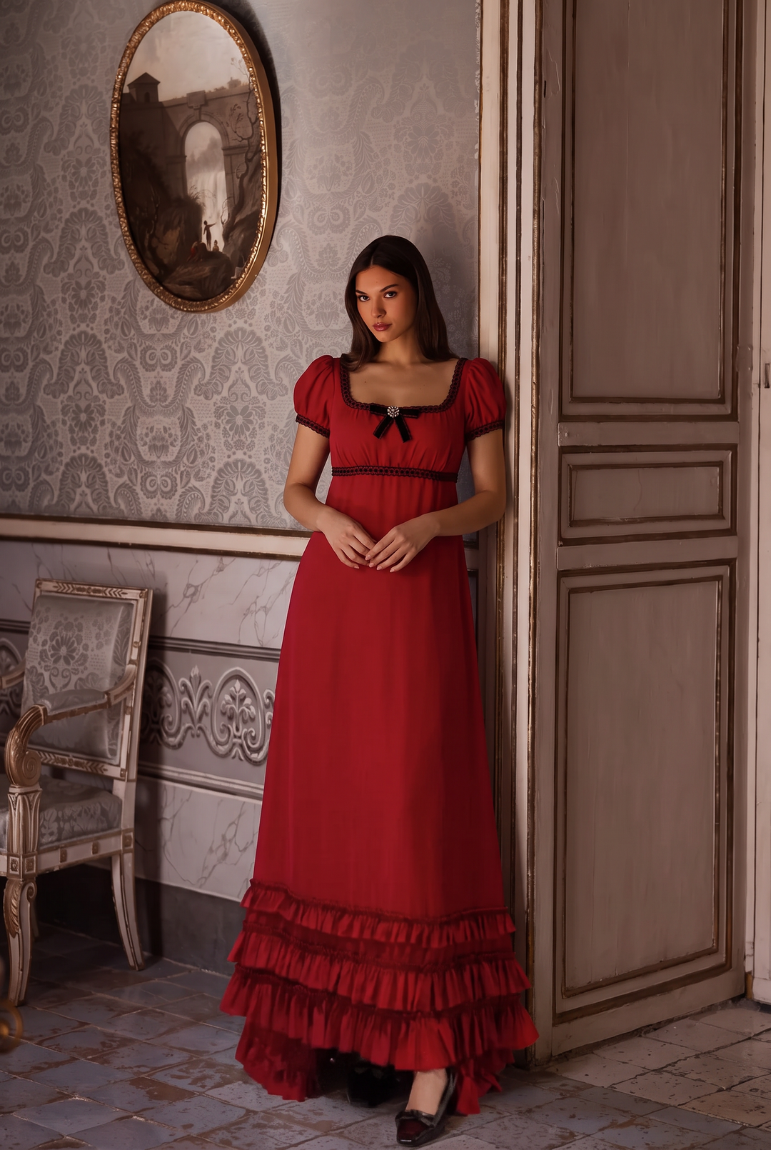 Regency Era Red Empire Waist Gown with Puff Sleeves and Tiered Ruffle Skirt Plus Size