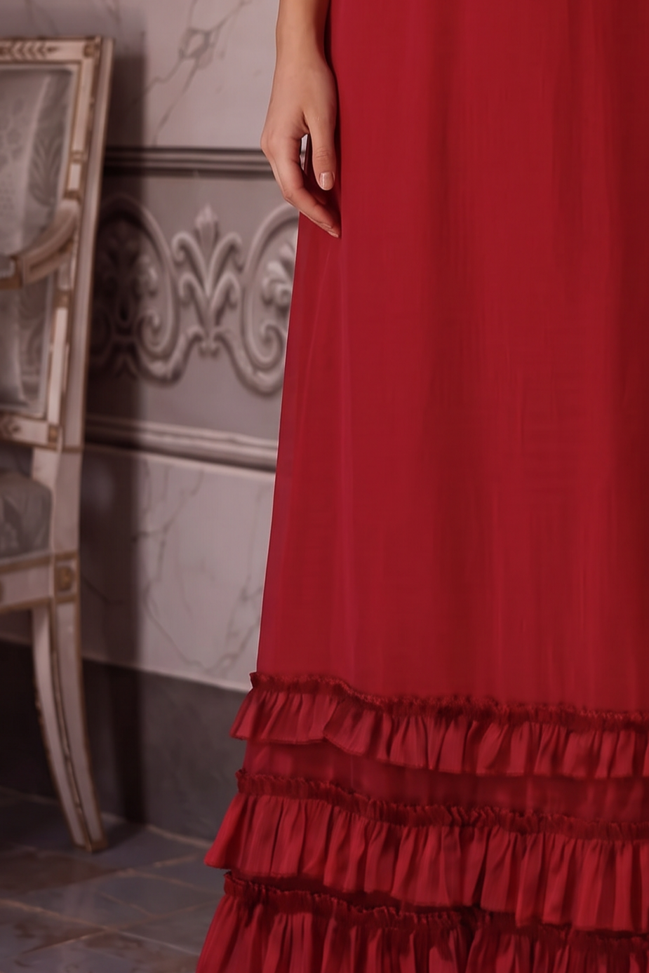 Regency Era Red Empire Waist Gown with Puff Sleeves and Tiered Ruffle Skirt Plus Size