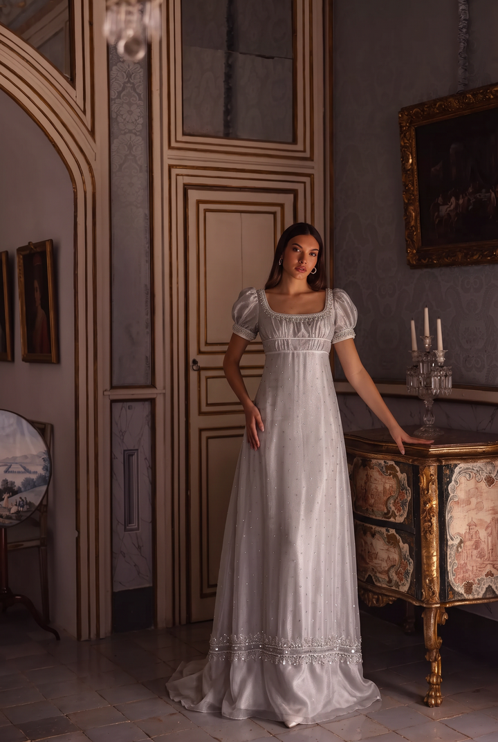 Regency Era Silver Gray Empire Waist Dress with Rhinestone Details and Puff Sleeves Plus Size