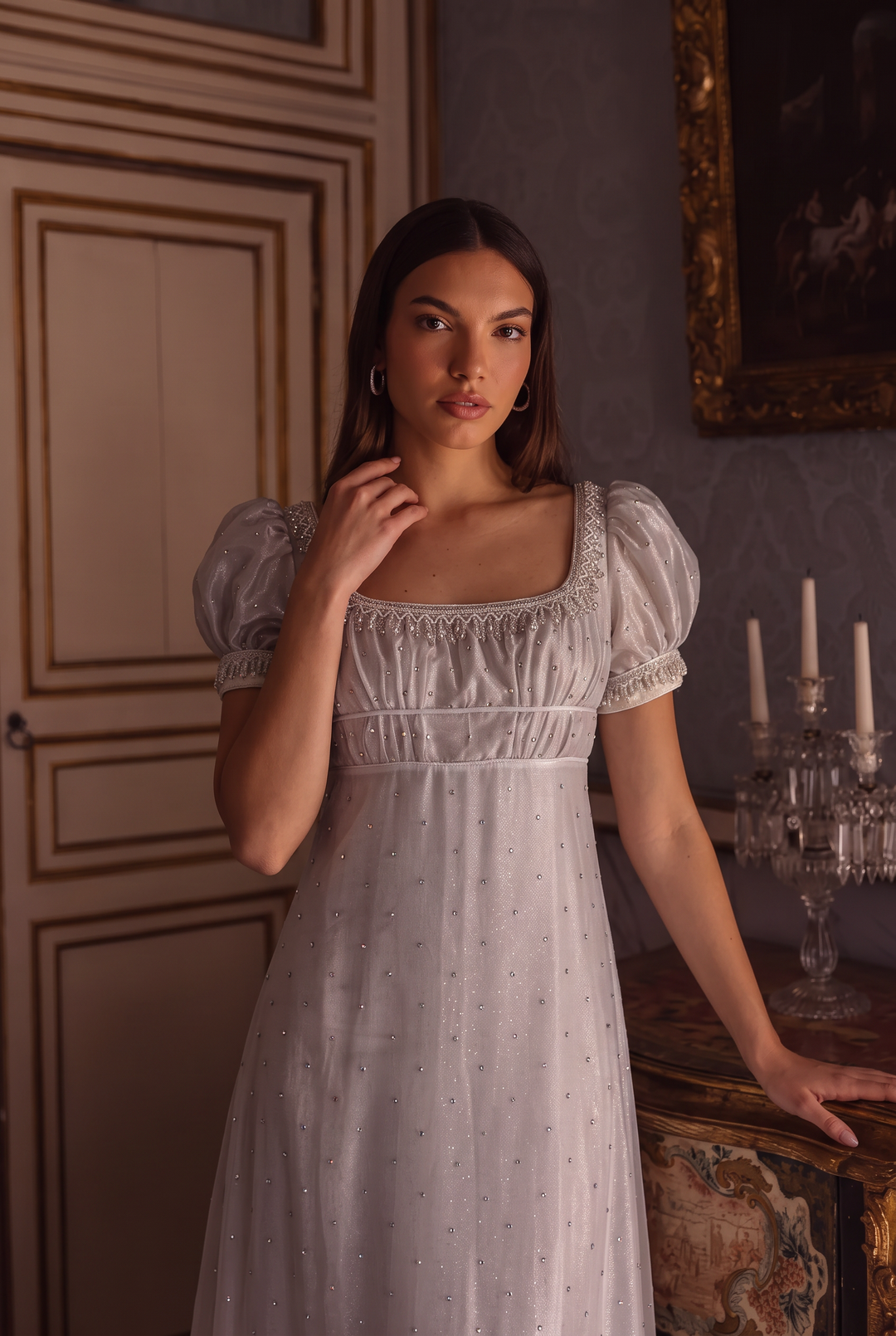 Regency Era Silver Gray Empire Waist Dress with Rhinestone Details and Puff Sleeves Plus Size
