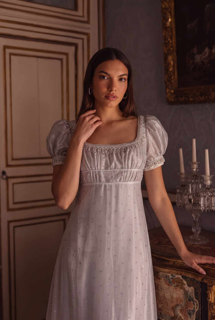Regency Era Silver Gray Empire Waist Dress with Rhinestone Details and Puff Sleeves Plus Size