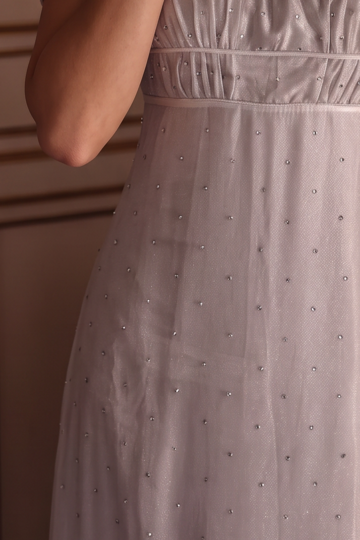 Regency Era Silver Gray Empire Waist Dress with Rhinestone Details and Puff Sleeves Plus Size