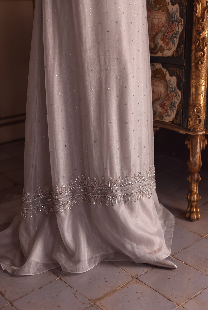 Regency Era Silver Gray Empire Waist Dress with Rhinestone Details and Puff Sleeves Plus Size