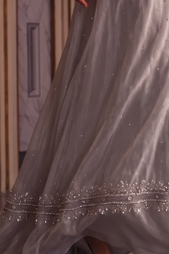 Regency Era Silver Gray Empire Waist Dress with Rhinestone Details and Puff Sleeves Plus Size