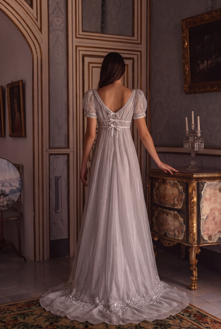 Regency Era Silver Gray Empire Waist Dress with Rhinestone Details and Puff Sleeves Plus Size