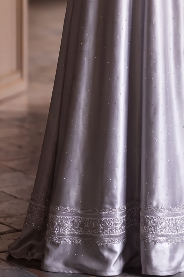Regency Era Silver Grey Satin Ball Gown with Puff Sleeves and Empire Waist Plus Size
