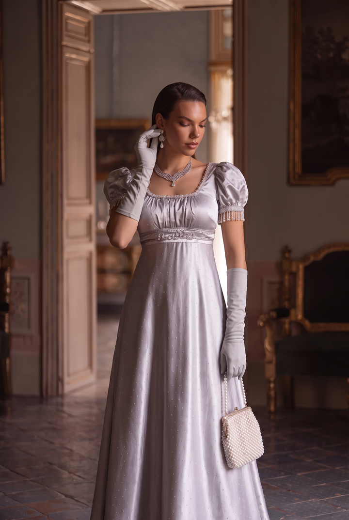 Regency Era Silver Grey Satin Ball Gown with Puff Sleeves and Empire Waist Plus Size