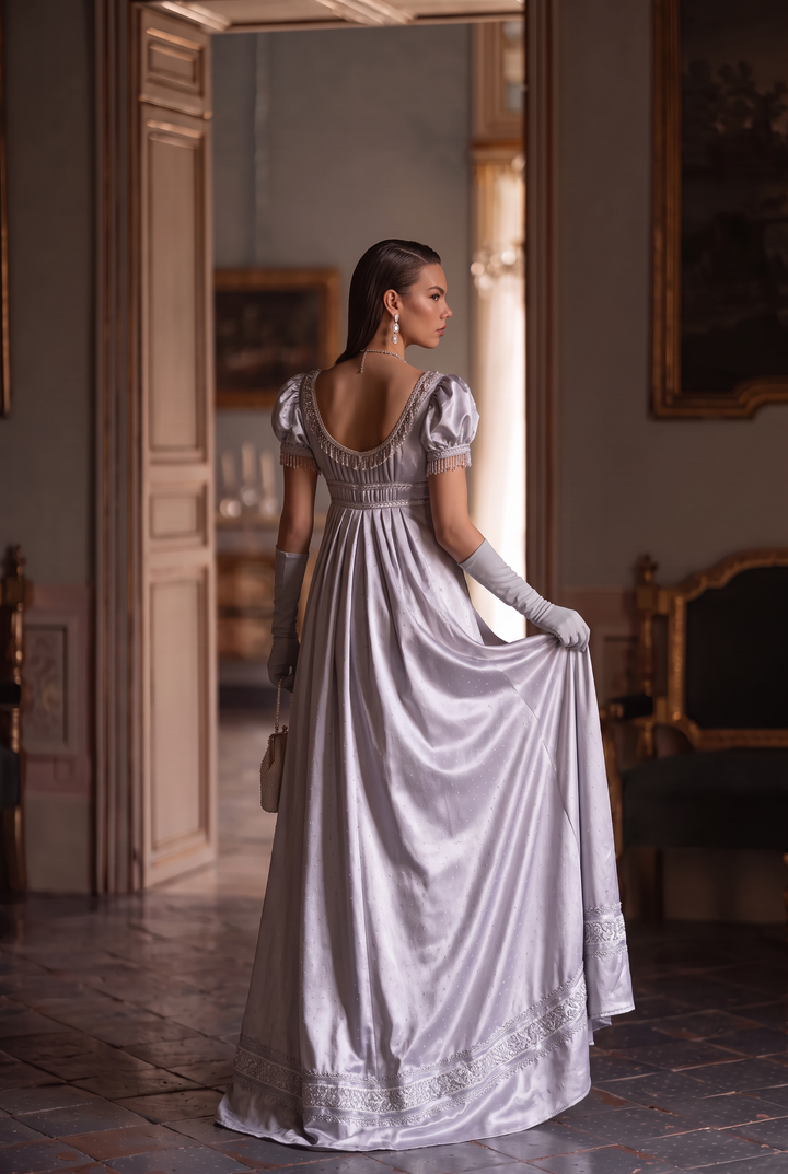 Regency Era Silver Grey Satin Ball Gown with Puff Sleeves and Empire Waist Plus Size