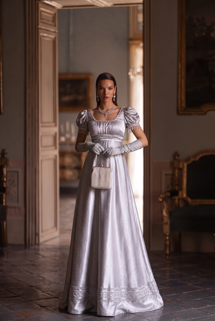 Regency Era Silver Grey Satin Ball Gown with Puff Sleeves and Empire Waist Plus Size