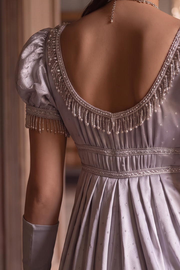 Regency Era Silver Grey Satin Ball Gown with Puff Sleeves and Empire Waist Plus Size