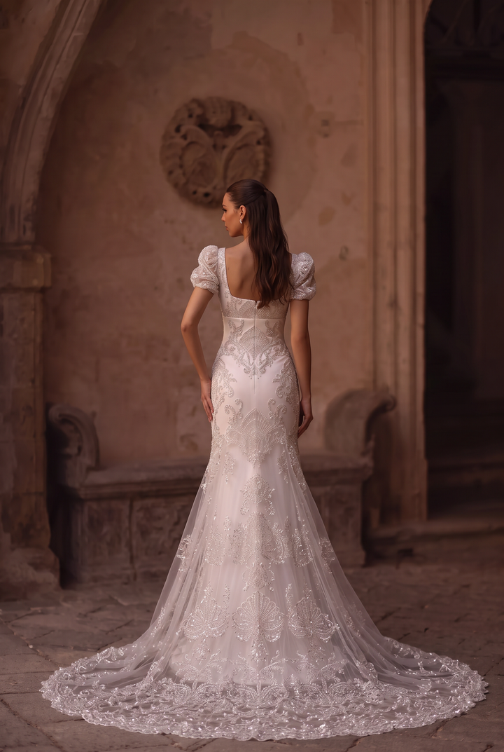 Regency Era Wedding Dress White Empire Waist Gown with Square Neckline, Puff Sleeves and Embroidered Sequins Plus Size