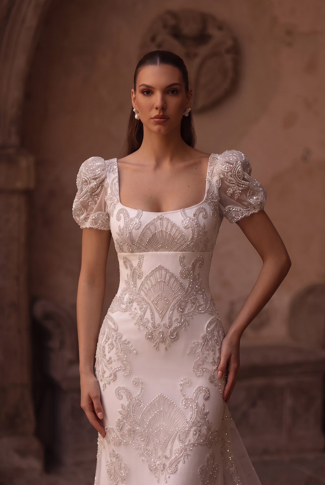 Regency Era Wedding Dress White Empire Waist Gown with Square Neckline, Puff Sleeves and Embroidered Sequins Plus Size