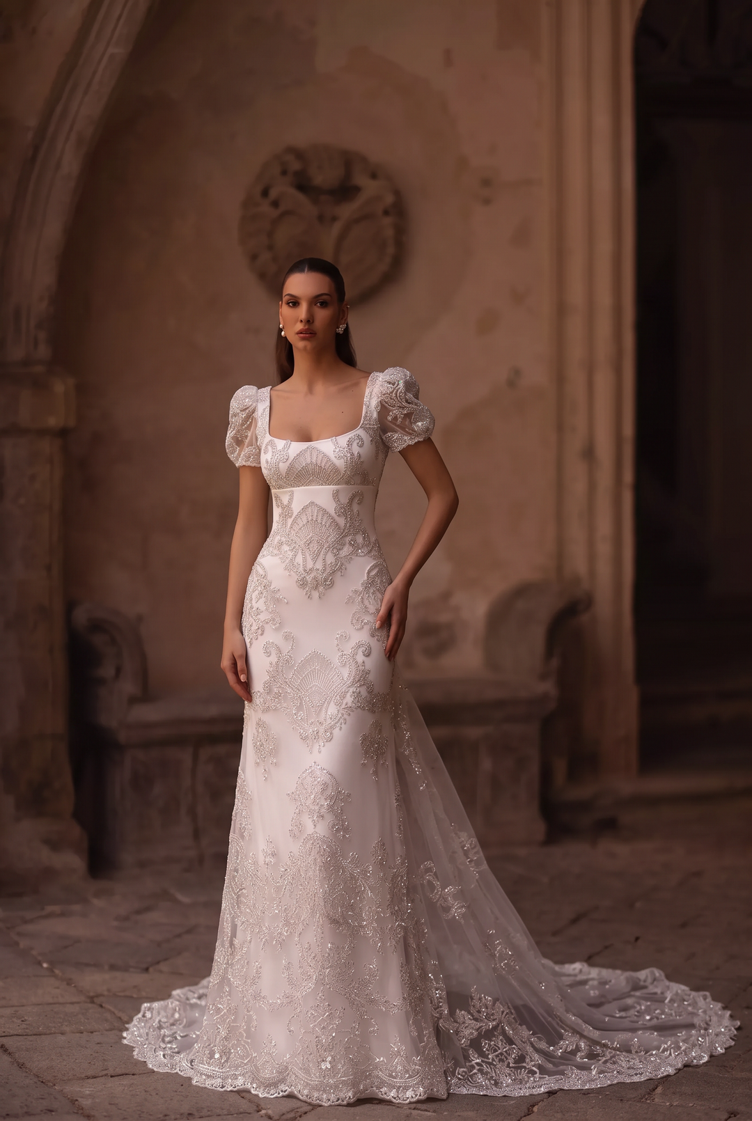 Regency Era Wedding Dress White Empire Waist Gown with Square Neckline, Puff Sleeves and Embroidered Sequins Plus Size
