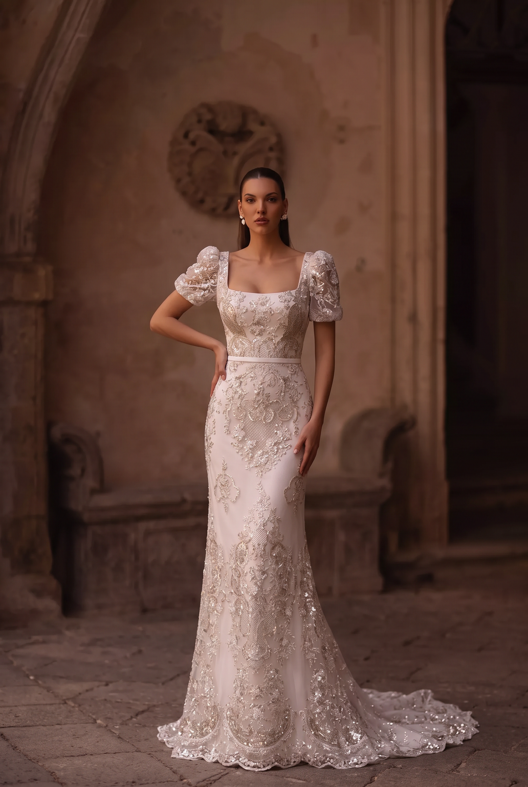 Regency Era Wedding Dress White Empire Waist Gown with Square Neckline and Puff Sleeves Plus Size