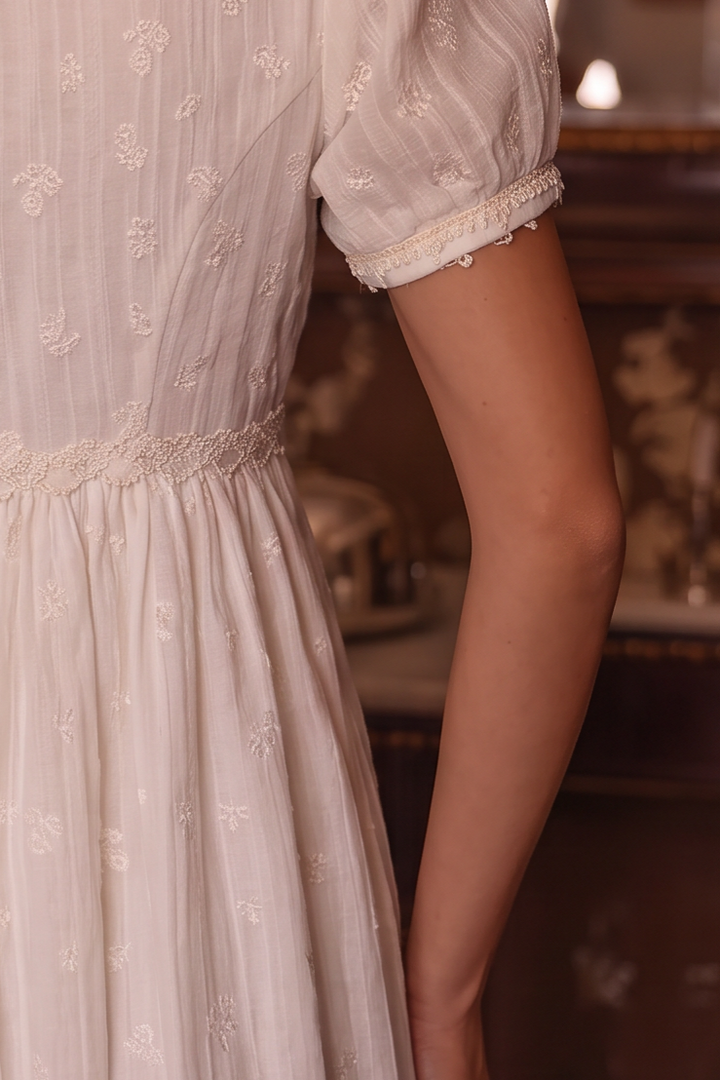 Regency Era White Embroidered Empire Waist Gown with Puff Sleeves and Lace Trim – Bridgerton Inspired Vintage Dress Plus Size