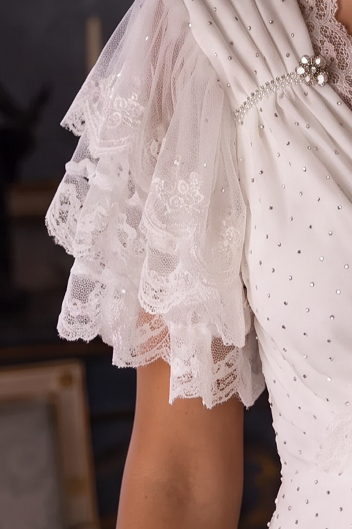 Regency Era White Empire Waist Dress with Lace Flutter Sleeves and Draped Bodice Plus Size