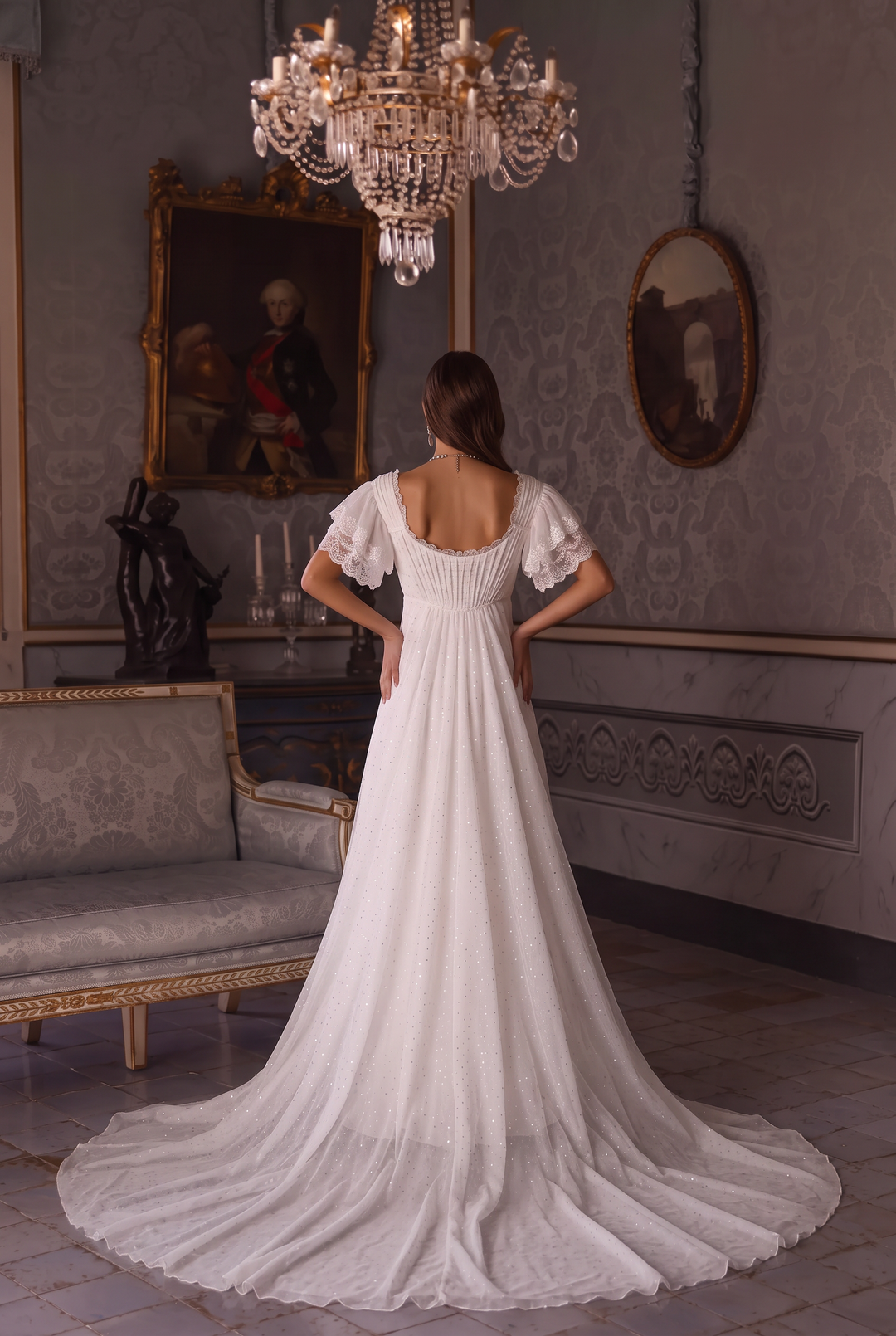 Regency Era White Empire Waist Dress with Lace Flutter Sleeves and Draped Bodice Plus Size