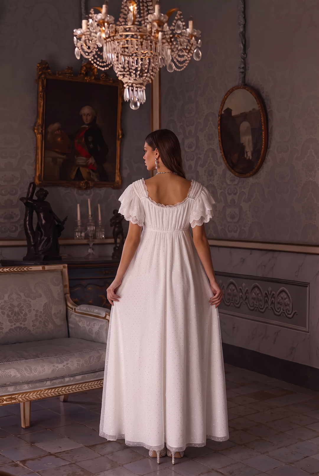 Regency Era White Empire Waist Dress with Lace Flutter Sleeves and Draped Bodice Plus Size